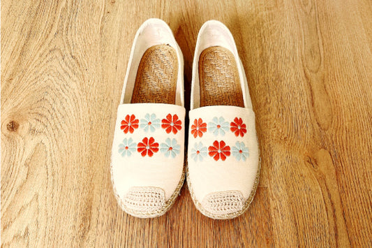 Beige Summer Woven Sandals for Women, Handmade Loafer Shoes, Floral Slip Ons, Size 5UK, 38CM