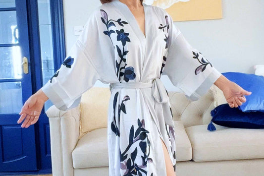 Pure Silk Dressing Gown, Long Floral Kimono Robe